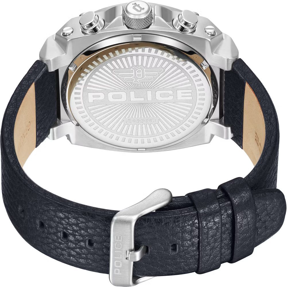Back view of the Police Blue Leather Dress Watch showcasing stainless steel case and leather strap.