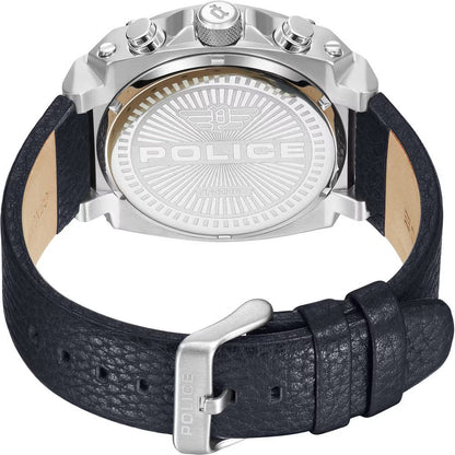 Back view of the Police Blue Leather Dress Watch showcasing stainless steel case and leather strap.