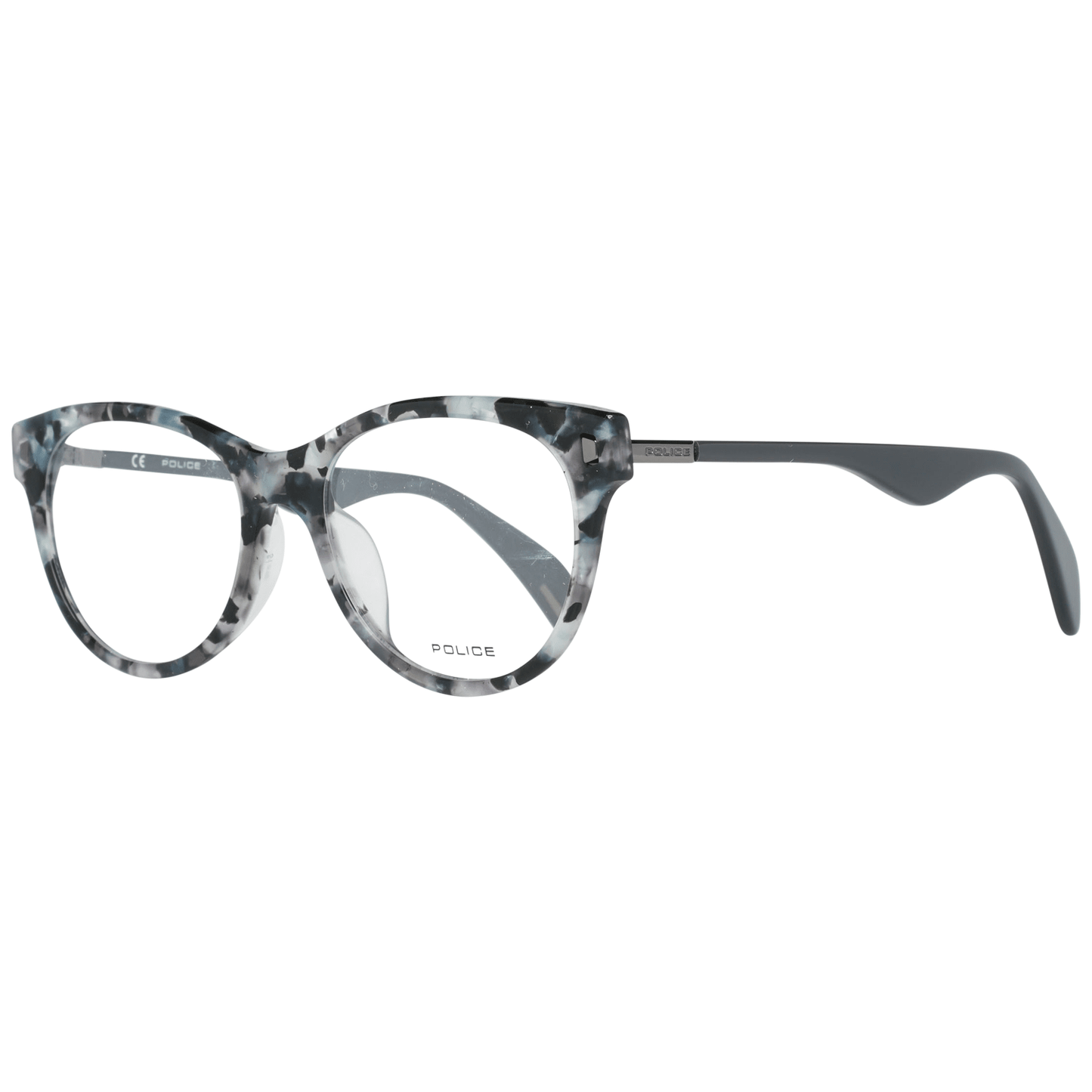 Police Elegant Grey Full-Rim Women's Eyeglasses with chic design, durable plastic frame, and comfortable spring hinges.