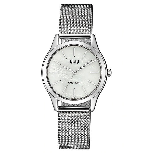 Q&Q Mod. LADY ONLY TIME wristwatch with metal case, mesh strap, quartz movement, mineral dial, and 3 ATM water resistance.