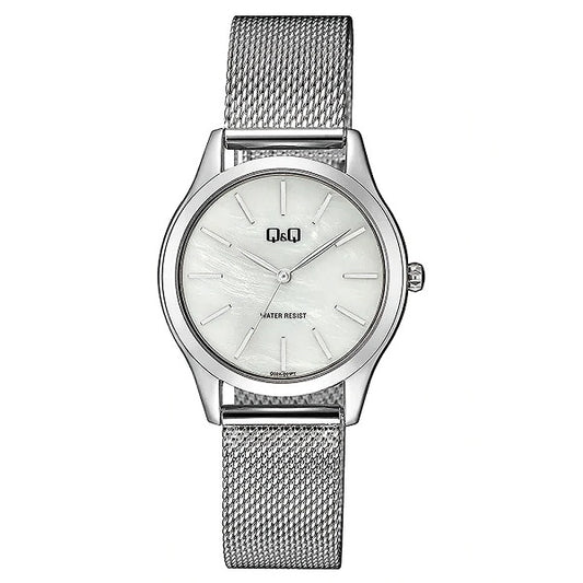 Q&Q Mod. LADY ONLY TIME wristwatch with metal case, mesh strap, quartz movement, mineral dial, and 3 ATM water resistance.