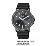 Q&Q ATTRACTIVE Mod. QB86J502Y men's water-resistant 44mm metal quartz wristwatch with black dial in official box.