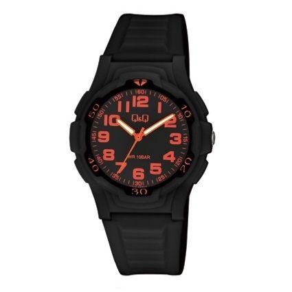 Q&Q FASHION Mod. V31A-005VY black wristwatch with red dial, quartz movement, 10 ATM water resistance, and resin strap.
