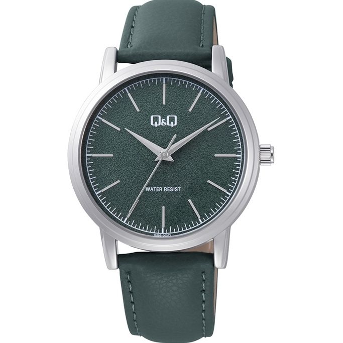 Q&Q Mod. ONLY TIME wristwatch with 40mm metal case, quartz movement, green leather strap; water resistant 3 ATM; unisex watch in official box.