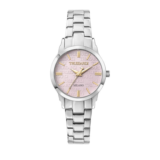Stylish silver TRUSSARDI MOD. T-BENT watch with a pink dial and gold-tone accents.