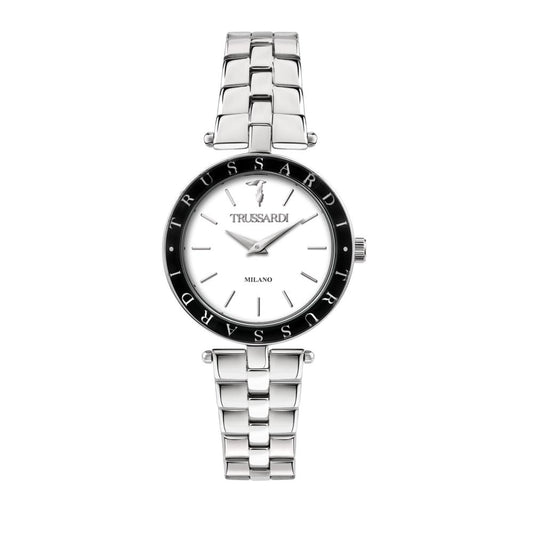 Elegant silver watch TRUSSARDI MOD. T-SHINY with black bezel design and stainless steel bracelet, sophisticated timepiece.