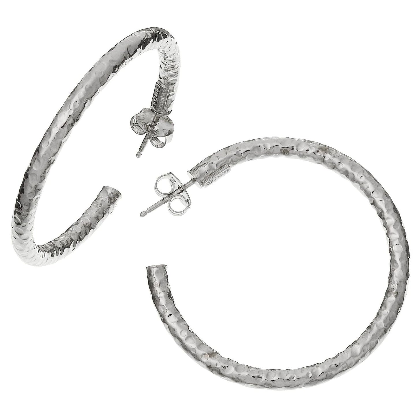 Elegant hoop earrings with a hammered texture in sterling silver, displayed on a white background.