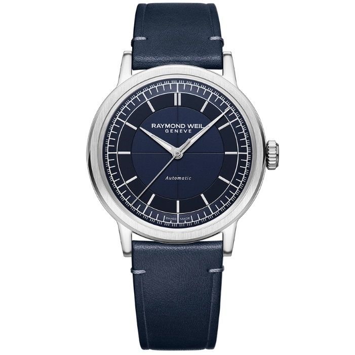 RAYMOND WEIL MOD. 2925-STC-50001 luxury watch with blue leather strap and silver casing, elegant design, perfect for formal occasions.