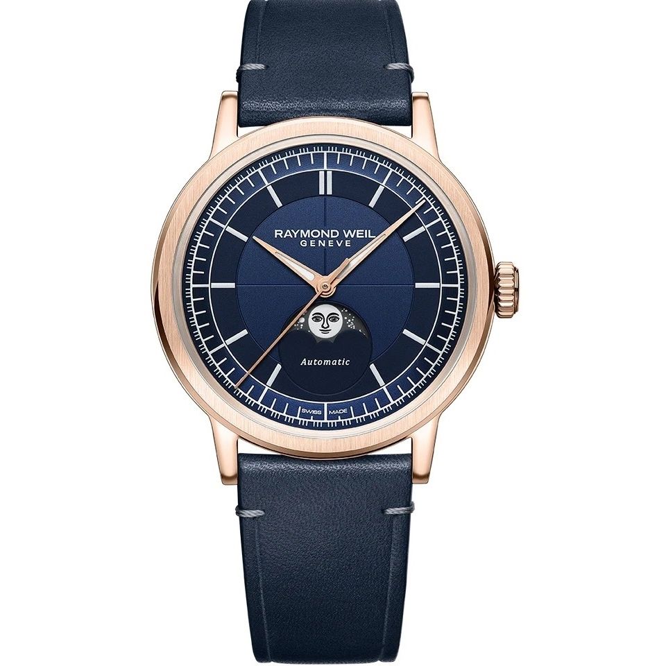 Alt Tag: Elegant RAYMOND WEIL MOD. 2945-PC5-50001 watch with blue dial and leather strap, showcasing luxury design and craftsmanship