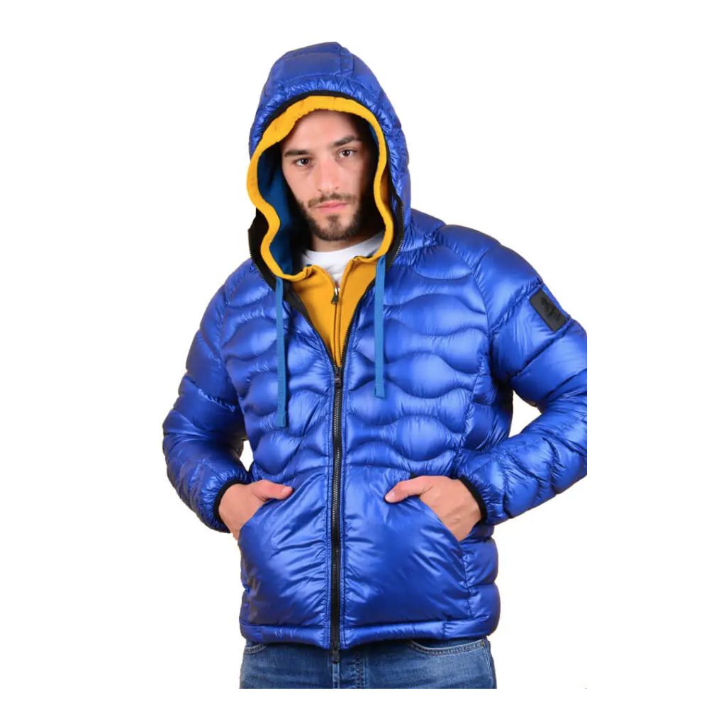 Refrigiwear Blue Nylon Men's Jacket featuring a durable nylon shell and down padding, perfect for wind and water resistance.