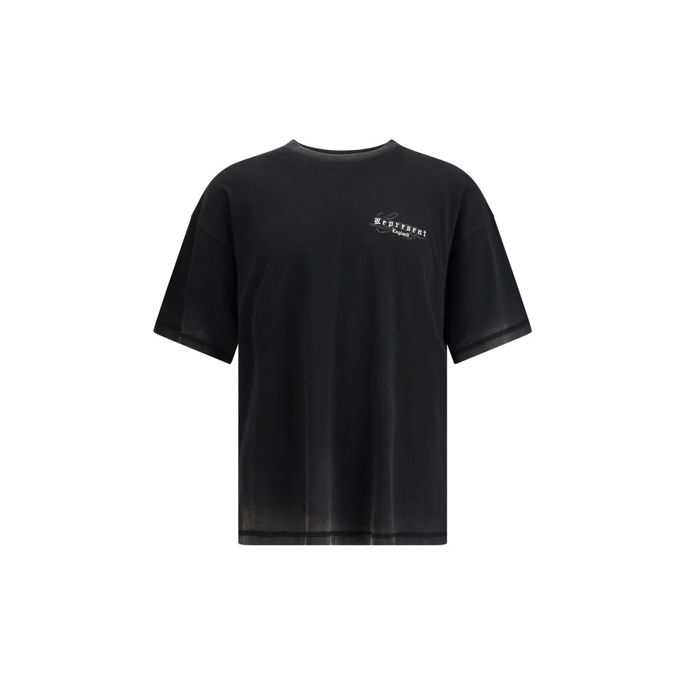 Represent Black Cotton T-Shirt with fade-out washed effect, oversized fit, ribbed crewneck, and Represent England embroidery for AW25 season.