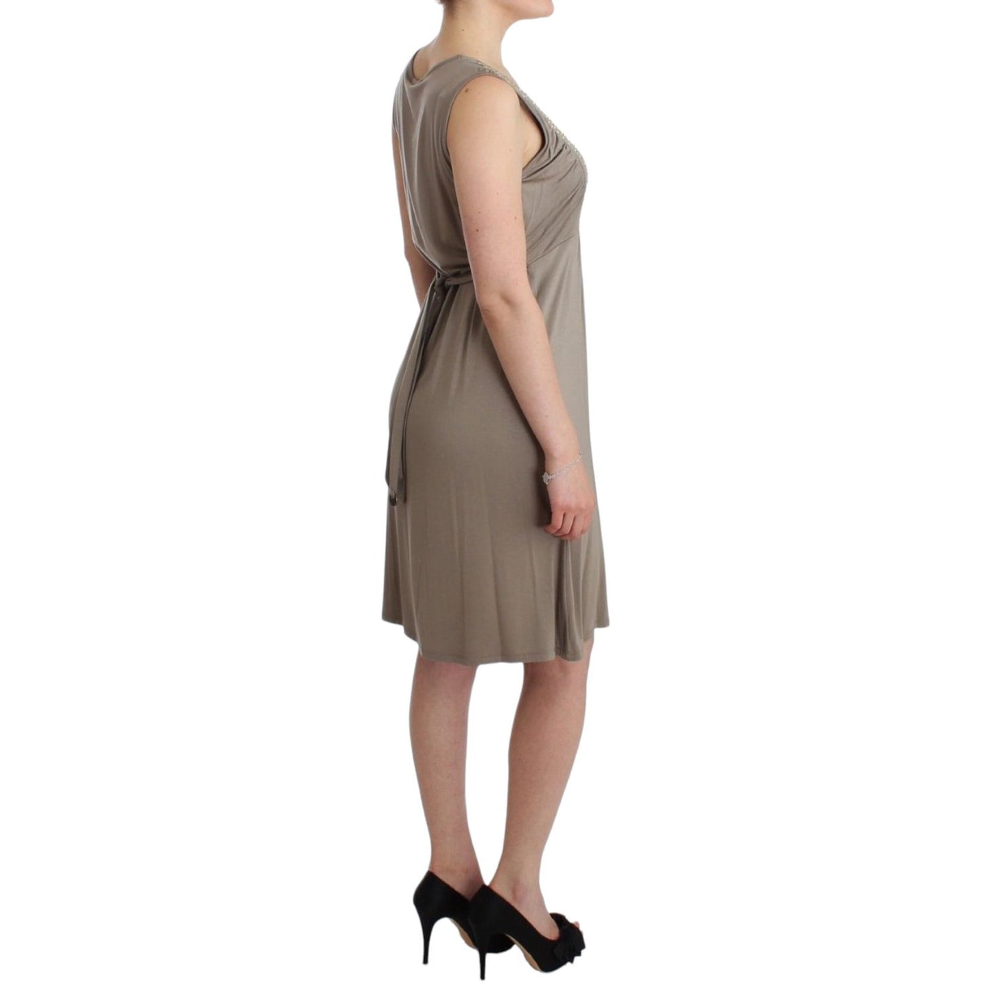 Side view of a Roccobarocco Khaki studded sheath dress with round neckline, sleeveless design, knee length, and waist tie.