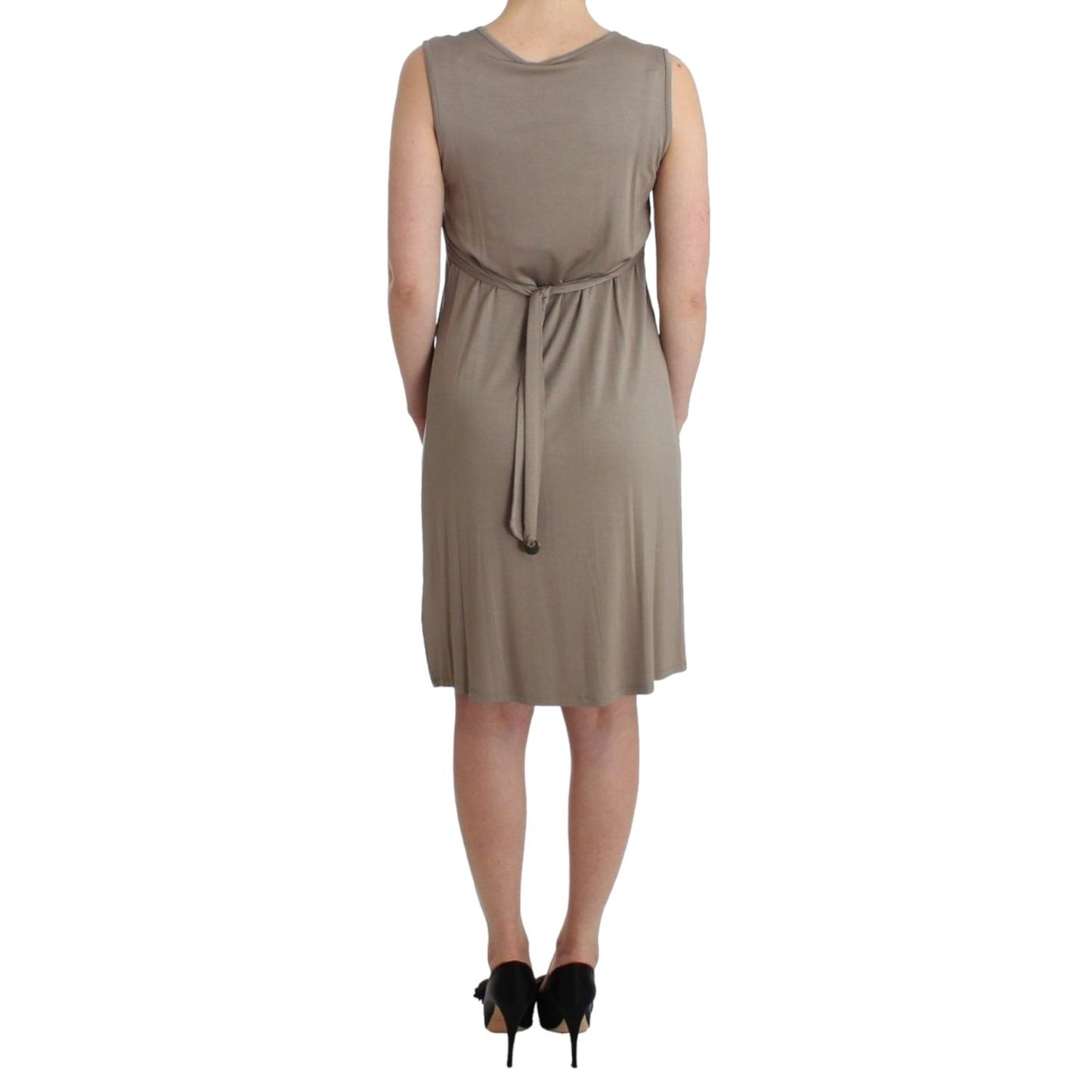 Rear view of a Roccobarocco Khaki studded sheath dress featuring a tie waist, sleeveless design, and knee-length cut.
