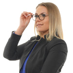Lady wearing glasses, modeling professional attire, showcasing style and elegance. Fashion focus: SANDRO MOD. SD2006 46205 for women.