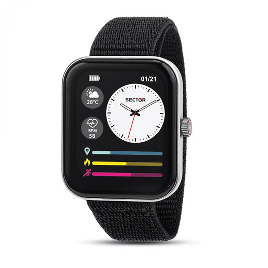 Smartwatch SECTOR Mod. S-03 PRO displaying weather and fitness data on screen.