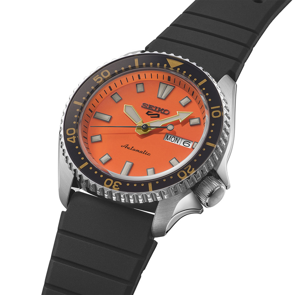 SEIKO 5 Mod. SPORTS Automatic SKX watch with orange dial and black strap