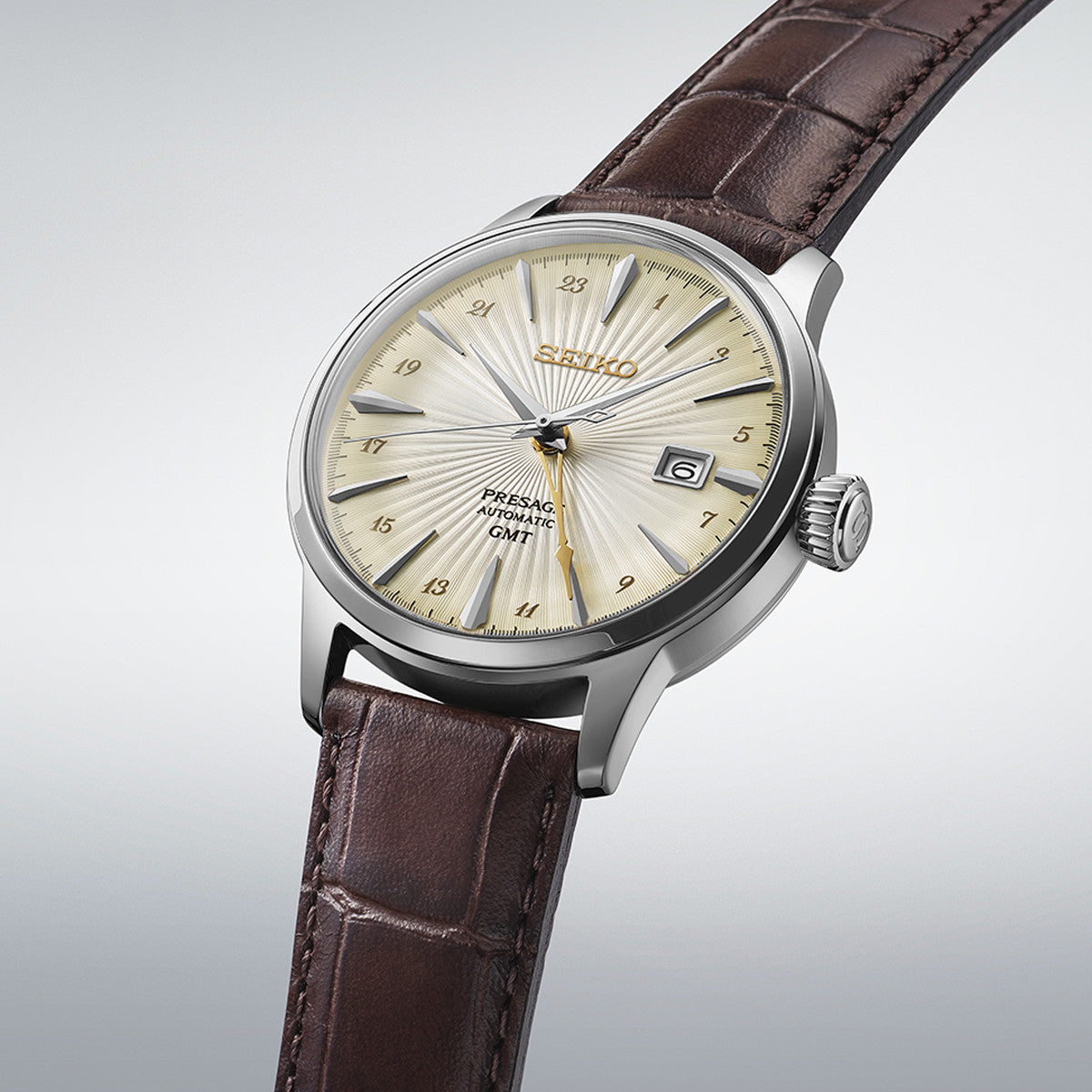 SEIKO PRESAGE Mod. COCKTAIL AUTOMATIC - LEATHER, CREAM watch with brown leather strap and cream dial on display.