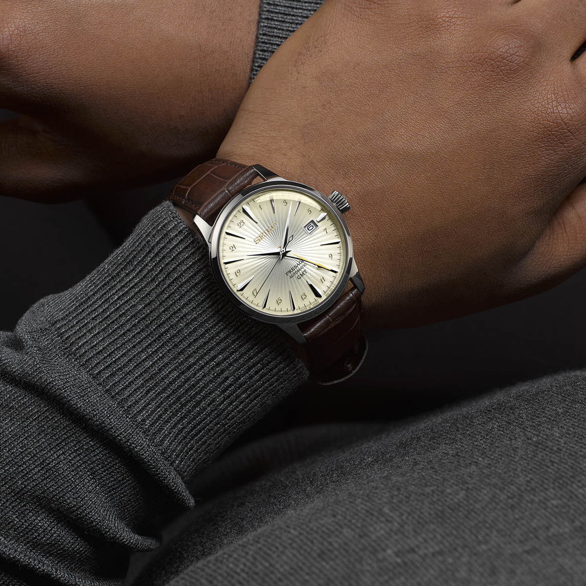 SEIKO PRESAGE Mod. COCKTAIL AUTOMATIC - LEATHER, CREAM watch on wrist