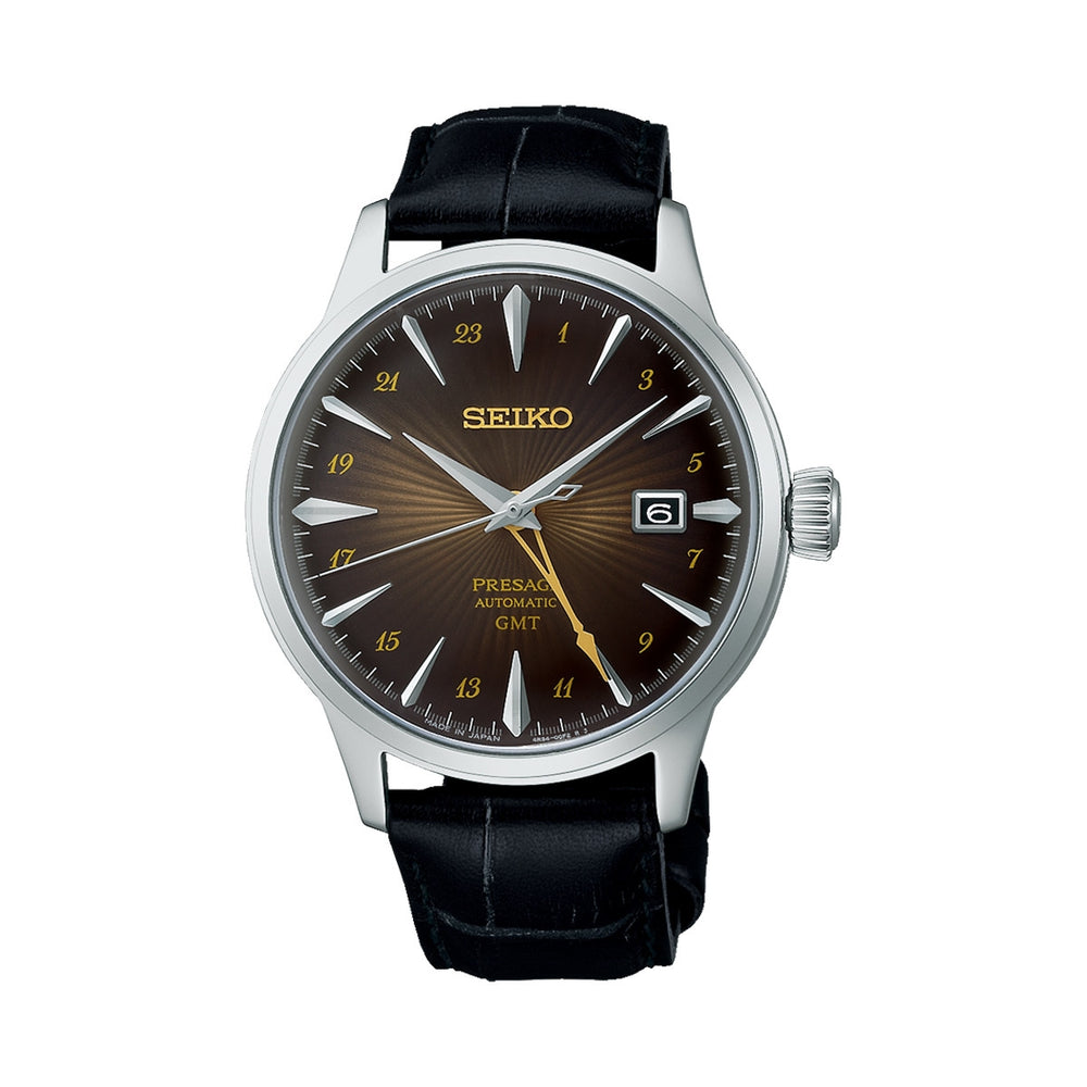 SEIKO PRESAGE Mod. COCKTAIL AUTOMATIC - RUSTY NAIL wristwatch, stainless steel case, leather strap, water resistant 5 ATM, GMT function