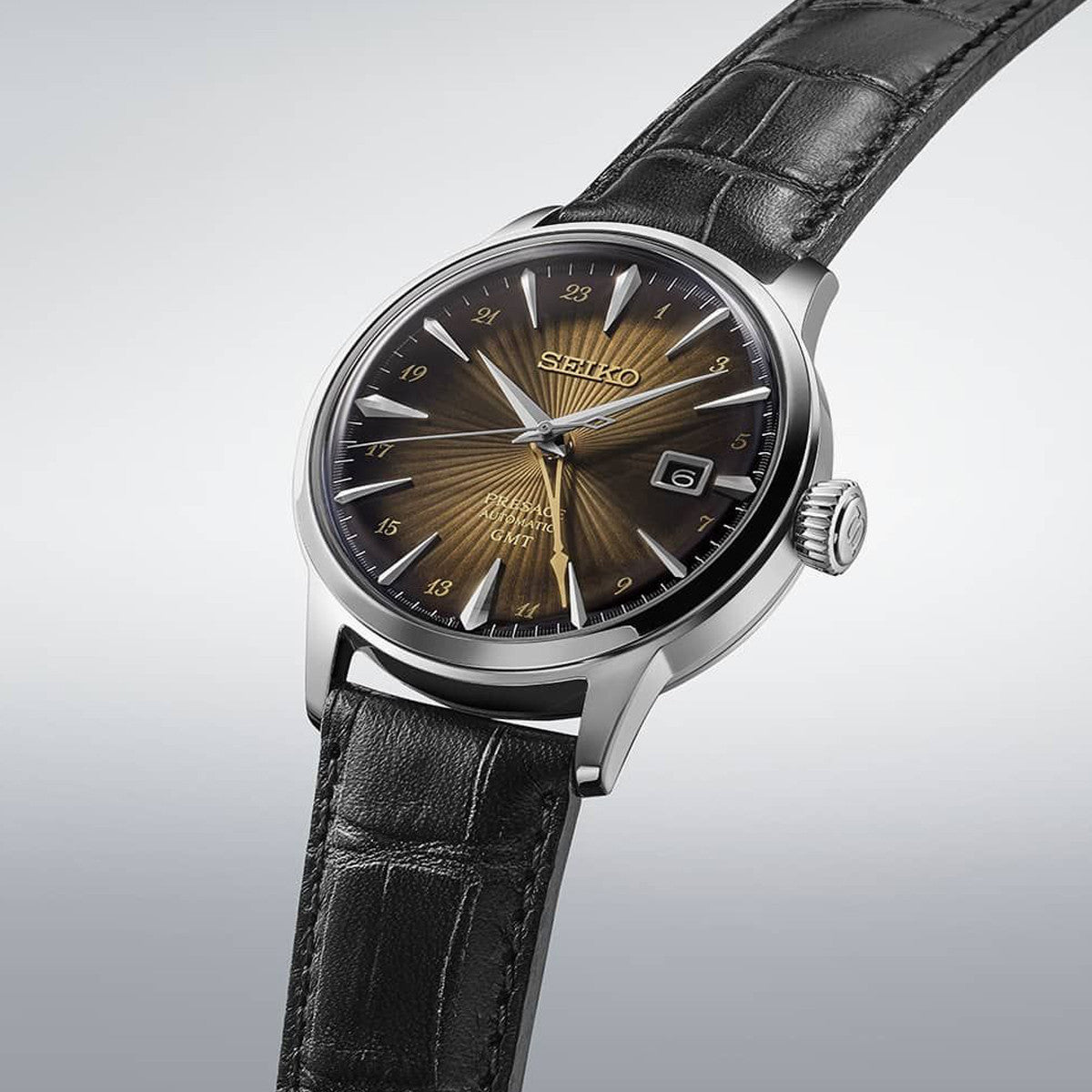 SEIKO PRESAGE Mod. COCKTAIL AUTOMATIC - RUSTY NAIL wristwatch, stainless steel case, leather strap, 40.5mm, GMT and date functions