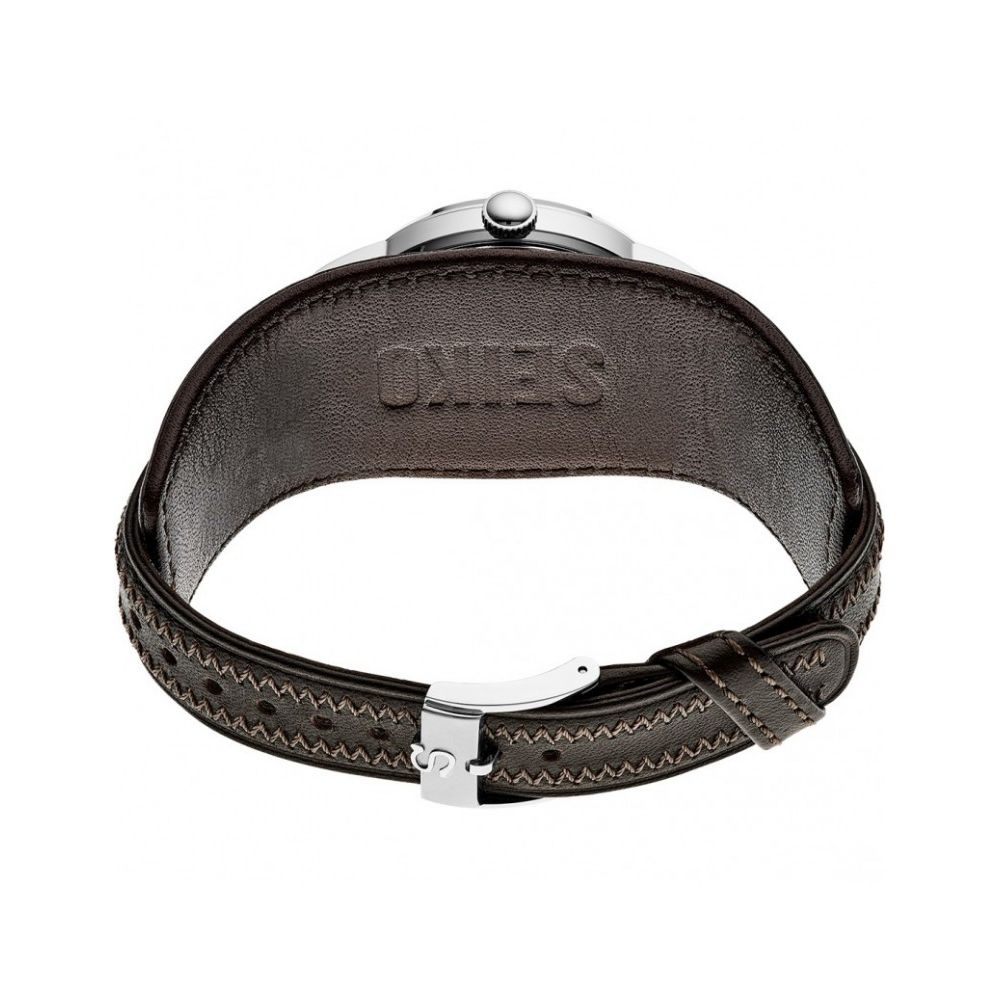 Back view of SEIKO PROSPEX Mod. 1959 ALPINIST TERRA - Ltd. Edt. 1.959 pcs. showing leather strap and stainless steel case.