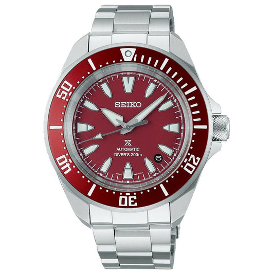 SEIKO PROSPEX Mod. SAMURAI Automatic Diver's 200 red dial watch with stainless steel bracelet.