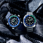 SEIKO PROSPEX Mod. TURTLE TROPICAL LAGOON Automatic Diver's 200 watches on a textured background.