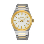 SEIKO WATCHES Mod. SUR558P1, gent's wristwatch with water resistance, quartz movement, and IP gold SS case, displayed with official packaging.