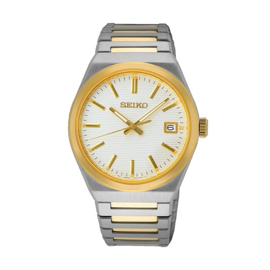 SEIKO WATCHES Mod. SUR558P1, gent's wristwatch with water resistance, quartz movement, and IP gold SS case, displayed with official packaging.