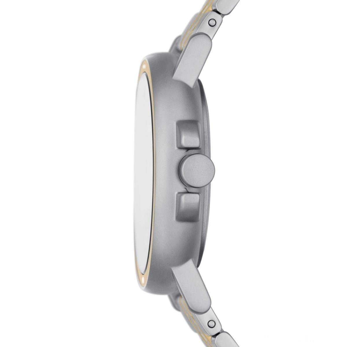 Side view of SKAGEN DENMARK Mod. SIGNATUR SPORT wristwatch with stainless steel case and SS bracelet. Water resistant 5 ATM, quartz movement.