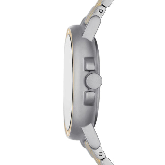 Side view of SKAGEN DENMARK Mod. SIGNATUR SPORT wristwatch with stainless steel case and SS bracelet. Water resistant 5 ATM, quartz movement.