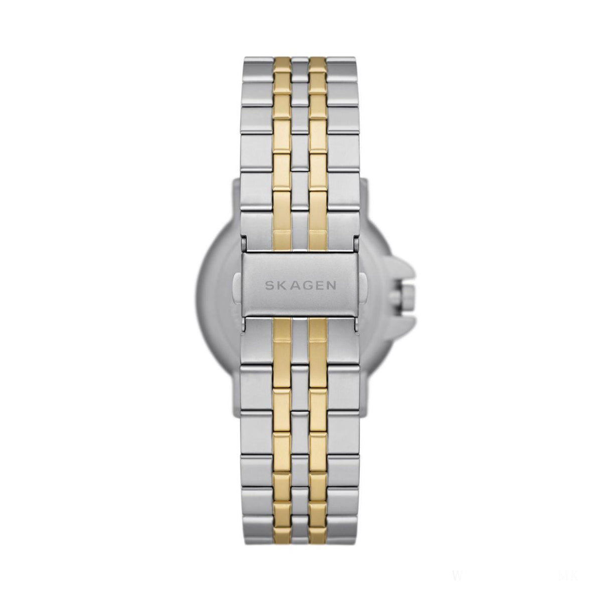 Back view of SKAGEN DENMARK Mod. SIGNATUR SPORT wristwatch with stainless steel and gold-tone bracelet.