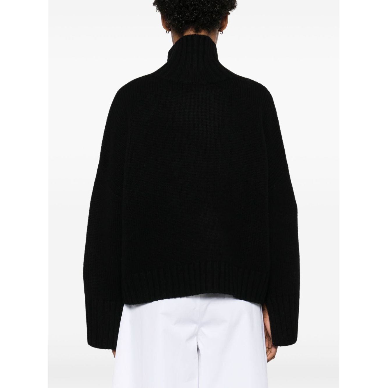 SOFT GOAT Sweaters Black ribbed trim high neck cashmere jumper with long sleeves and turtle-neck design, rear view.