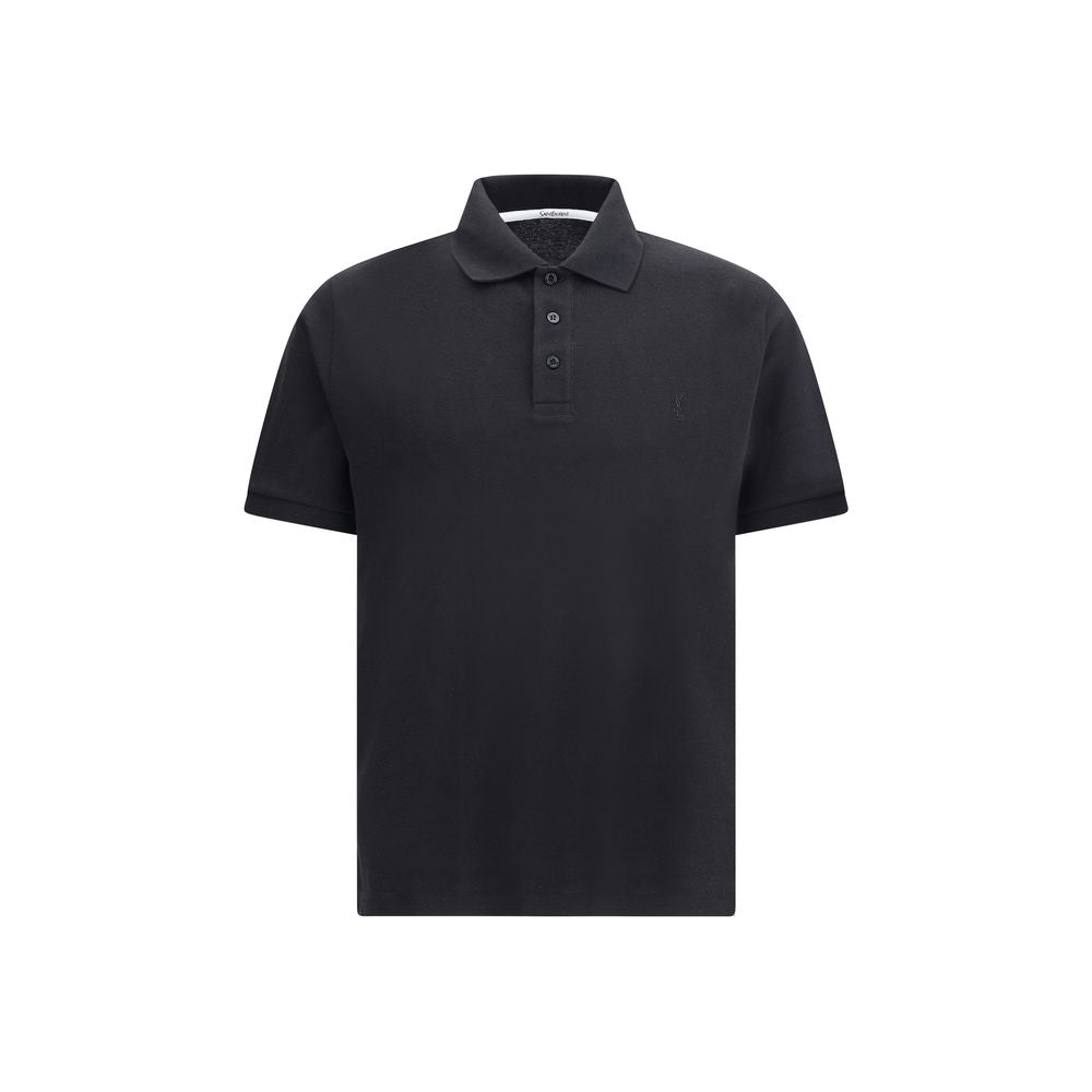 Saint Laurent Black Cotton Polo Shirt with classic collar and embroidered logo, featuring a tone-on-tone three-button front placket.