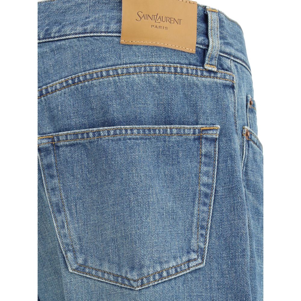 Close-up of back pocket on Saint Laurent Blue Cotton Straight-Leg Jeans, showcasing signature label and denim texture.