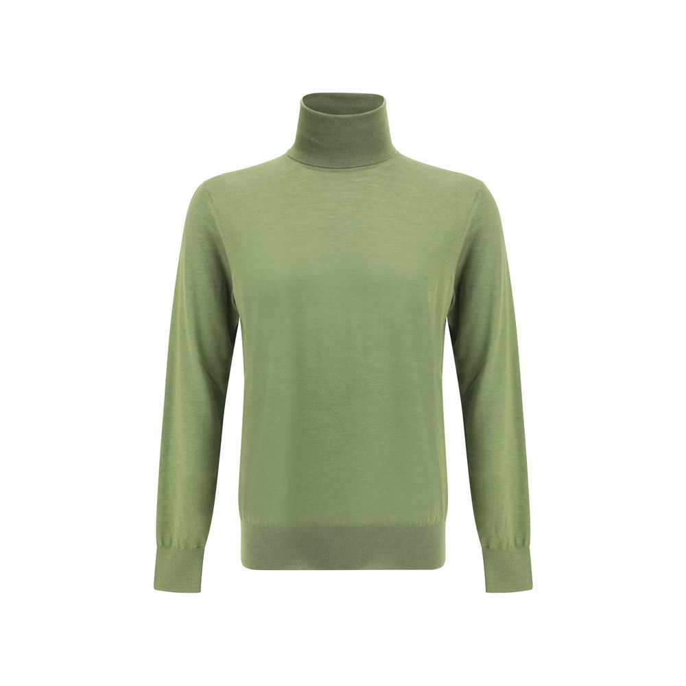 Saint Laurent Green Wool Turtleneck featuring high ribbed collar and snug fit, made with wool, cashmere, and silk for a timeless look.