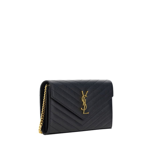 Saint Laurent Logoed Shoulder Bag with embossed YSL logo and chain strap. Elegant black leather for luxury and functionality.