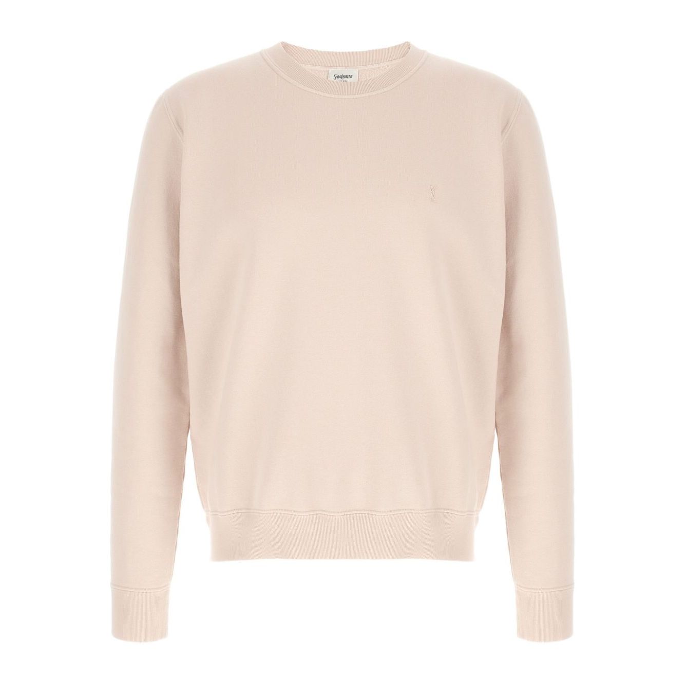 Saint Laurent Sweaters Powder in pink cotton with crew neck and long cuffed sleeves, tonal logo design.