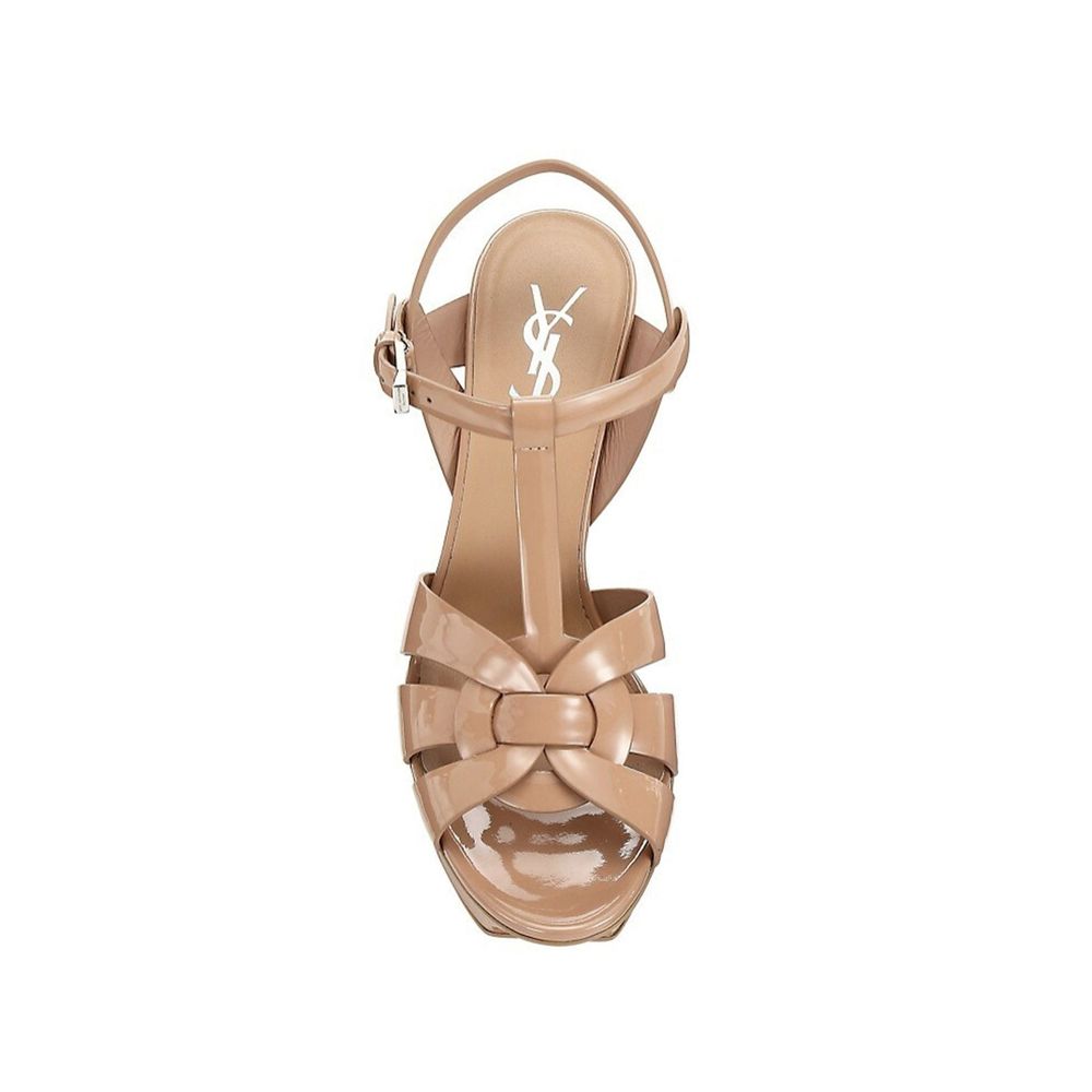 Saint Laurent Tribute High Heel Sandals in patent leather with adjustable buckle, round toe, and silver-tone hardware, top view.
