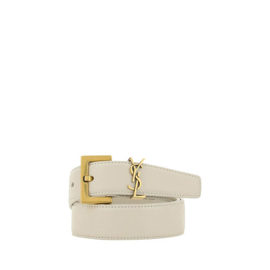 Saint Laurent White Calf Leather Bos Taurus Regular Belt with brass-plated logo, perfect for formal and casual outfits.