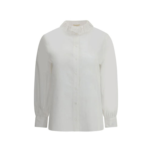 Saint Laurent White Cotton Dress Shirt with lace-trimmed Pierrot collar, front button closure, and refined beveled cuffs.