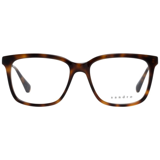 Sandro Brown Men Glasses Frame, plastic trapezium full-rim design, size 50-10-145, brown color with demo lenses, includes branded case.