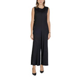 Sandro Ferrone Black Polyester Jumpsuit with sleeveless design, wide-leg cut, and round neckline for a sophisticated contemporary look.