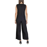Back view of Sandro Ferrone Black Polyester Jumpsuit with sleeveless design and wide-leg cut.