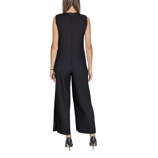 Back view of Sandro Ferrone Black Polyester Jumpsuit with sleeveless design and wide-leg cut.