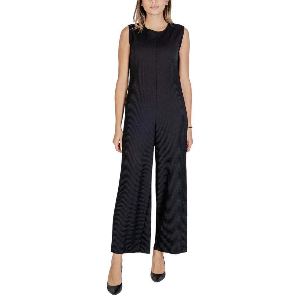 Sandro Ferrone Black Polyester Jumpsuit with sleeveless design and wide-leg cut, perfect for a sophisticated and contemporary look.