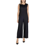 Sandro Ferrone Black Polyester Jumpsuit with sleeveless design and wide-leg cut, perfect for a sophisticated and contemporary look.