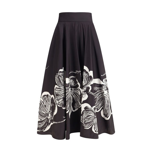 Sara Roka Black Polyester Midi Skirt with floral pattern and wide silhouette, featuring two welt pockets and discreet side zipper closure