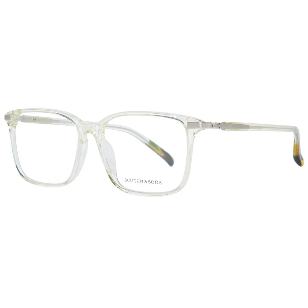 Scotch & Soda Transparent Men Glasses Frame in acetate full-rim style with demo lenses, rectangle design, and branded case included.