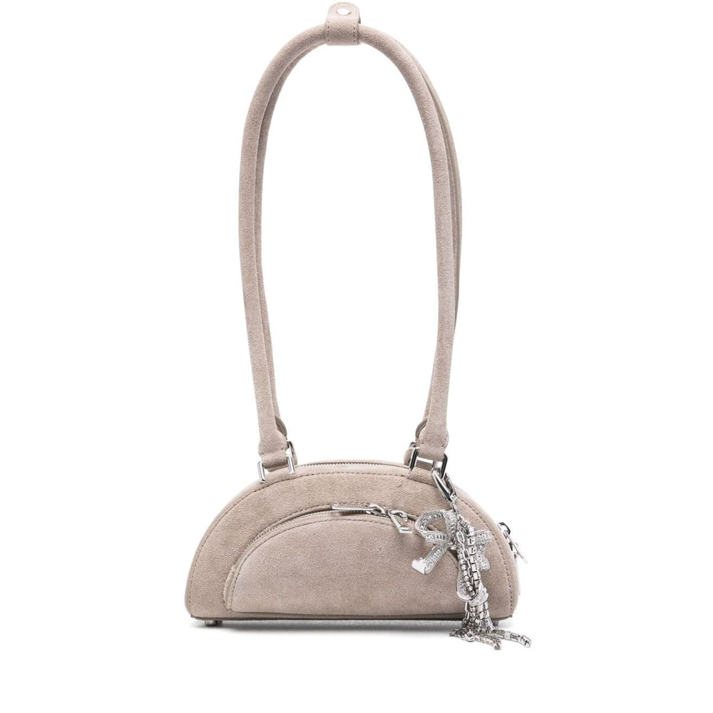Self-Portrait Suede mini shoulder bag in grey with top zip fastening, single top handle, and bow detailing. Size: 22x10x7 cm.